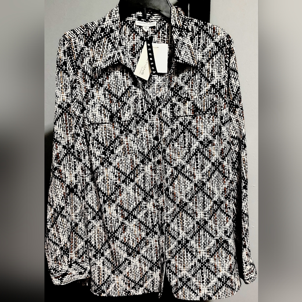 Notations Black White & Brown Plaid Button Down Blouse